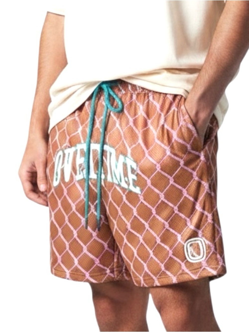 Overtime Basketball Shorts SZ L Brown Pink Diamond Elastic Drawstring Lined NEW